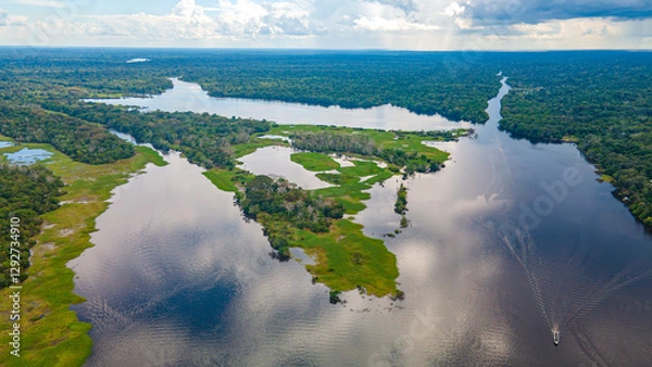 Fototapeta Aerial View of the Amazon Rainforest and River in Amazonas Region, Colombia