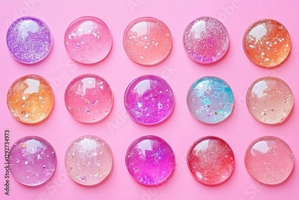 Fototapeta Top view of pink background with epoxy pendants molds and sparkles for crafting