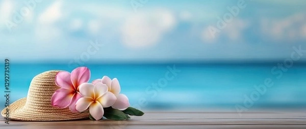 Obraz Straw Hat with Tropical Flowers on Beach, A stylish straw hat decorated with pink plumeria flowers resting on a wooden surface, with a blurred ocean and blue sky in the background.  
  
