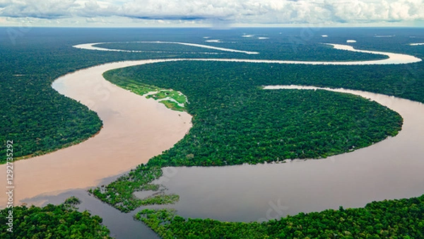 Fototapeta Aerial View of the Majestic Amazon River Meandering Through Lush Rainforest in the Amazon Region