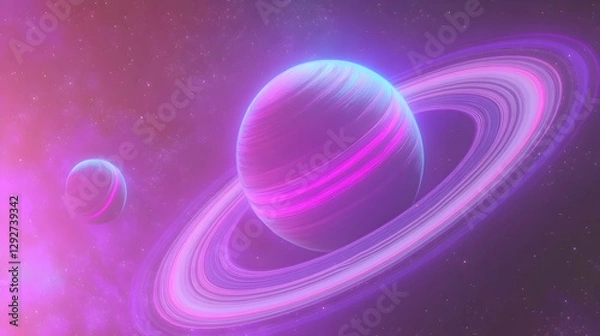 Fototapeta Stunning cosmic art depicting a vibrant, neon-pink planet with prominent rings, set against a deep purple starry backdrop.  A smaller planet is visible in the distance.