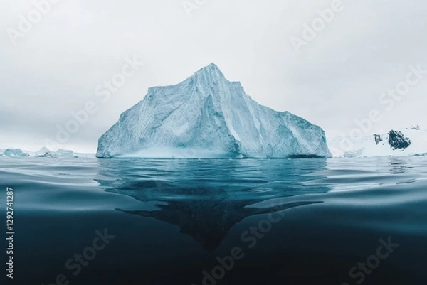 Fototapeta Massive iceberg floating in Arctic waters reflecting the cloudy sky