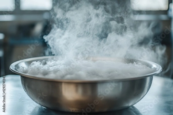 Fototapeta Vapor from metal bowl containing liquid nitrogen Lab tests with liquid nitrogen