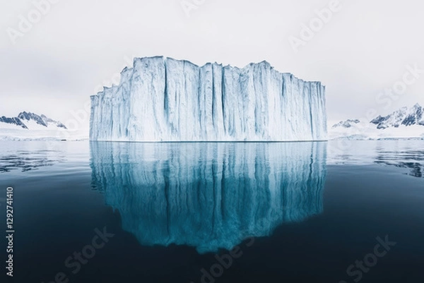 Fototapeta Massive iceberg wall reflecting in Arctic waters under an overcast sky