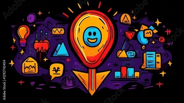 Obraz A vibrant illustration depicting a happy location marker surrounded by colorful data visualizations, representing concepts of data analytics, location-based services, and positive user experience.
