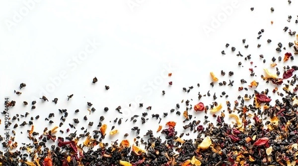 Obraz Dry fruit tea randomly scattered on a white