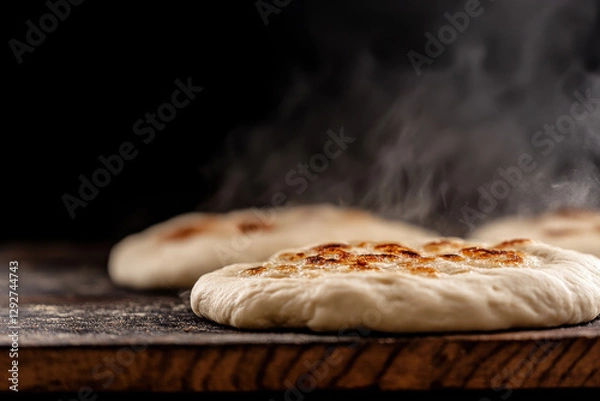 Fototapeta Freshly Baked Flatbreads with Golden Brown Grill Marks and Rising Steam on a Dark Background, Perfect for Wraps, Sandwiches, or Appetizers