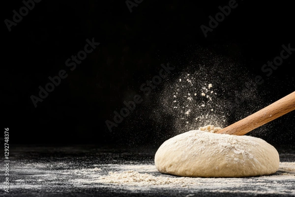 Fototapeta Rustic bread dough being kneaded on a dark surface with flour dust in the air