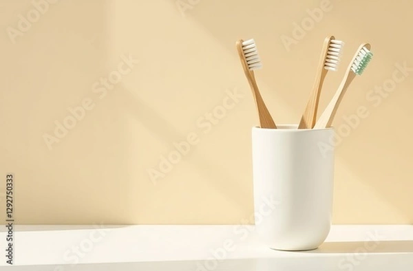 Obraz Three wooden toothbrushes with white bristles standing in white glass against beige wall. Concept of environmental friendliness
