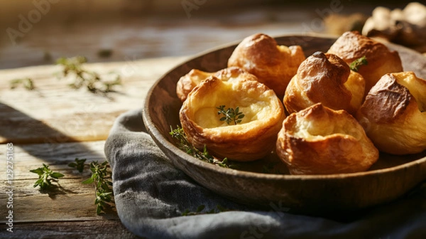 Fototapeta Golden Yorkshire Puddings in Afternoon Sunlight with Rustic Styling