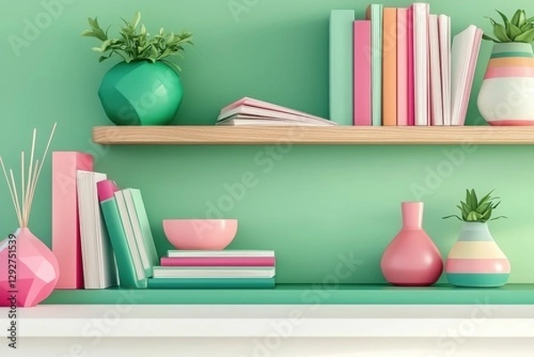 Fototapeta Bright Colorful Shelves With Books And Vases, Creating A Cozy Yet Modern Zoom Background In A Home Office Environment