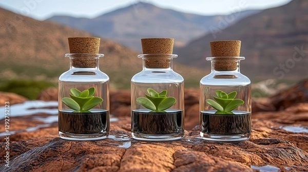 Fototapeta Three glass bottles with cork lids containing small green plants on rocky terrain.