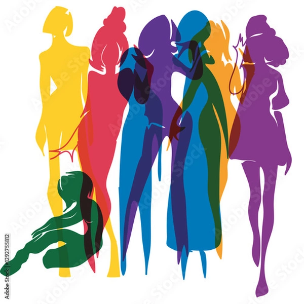 Fototapeta a colorful vector abstract representation of women in different poses, showcasing diverse body shapes and silhouettes in vibrant colors