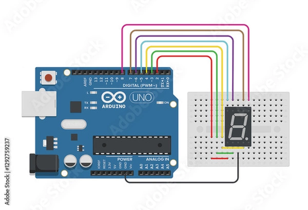 Fototapeta Arduino project circuits. Sensors and programmer. Educational schemes for Hobby and Coding. Seven segment display
