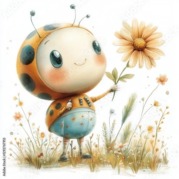 Obraz Adorable Insect Character Holding Flower In Field
