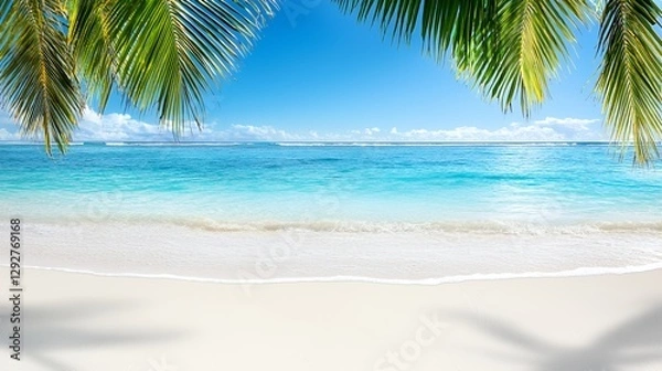 Fototapeta Tropical Beach Scene with Azure Water and Palm Trees