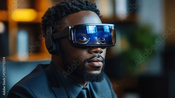 Fototapeta Man wearing futuristic augmented reality glasses with digital interface reflection
