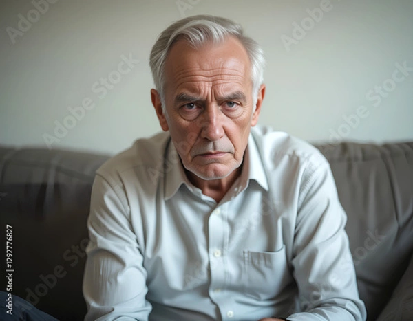 Obraz Elderly man sitting on the sofa, looking distressed and lonely, experiencing pain and emotional struggle, possibly due to fraud or financial hardship, in need of help at home.