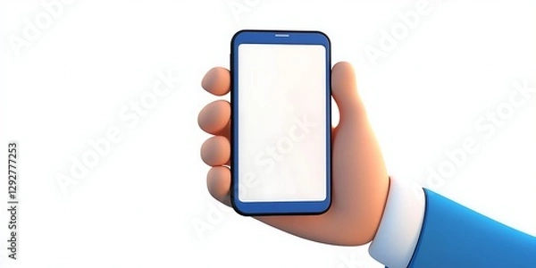 Fototapeta Businessman character hand holding a phone with white screen. Cartoon hand holding smartphone isolated on white background.
