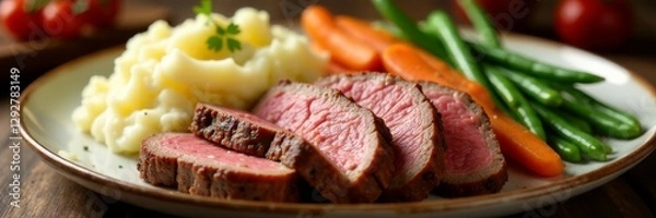 Fototapeta Sliced roast beef, creamy mashed potatoes, roasted carrots & green beans, mashed potatoes, comfort food