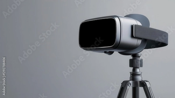 Fototapeta Modern VR headset on a tripod against a gray background, showcasing innovation in virtual reality technology.