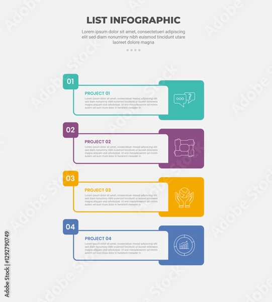 Obraz list vertical stacked process infographic outline style with 4 point template with round rectangle box with small square badge for slide presentation
