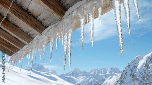 Fototapeta Scenic winter view of snow-covered mountains and icicles hanging from a rooftop under a bright blue sky.