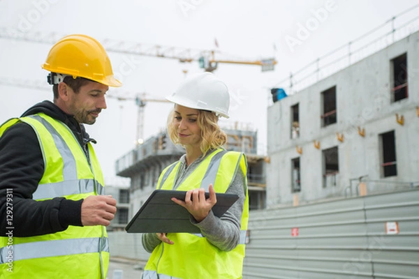 Fototapeta builders in hardhat with tablet at construction