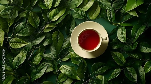 Fototapeta Cup of delicious tea with green leaves on color