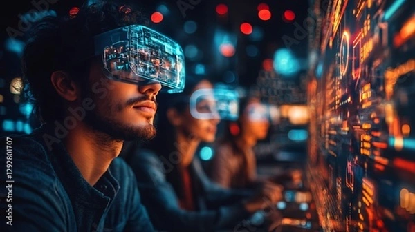 Fototapeta Young man wearing virtual reality headset surrounded by a digital futuristic environment
