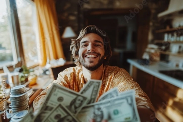 Obraz Home-Based Entrepreneur Making Money Online with Laptop, Highlighting Online Business Benefits and Passive Income

