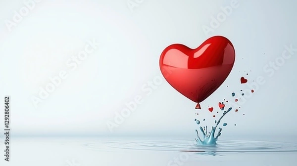 Fototapeta Red Heart Balloon Floating Above Water Surface with Splash and Small Hearts Around in Light Background