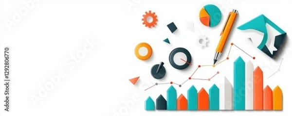 Obraz Colorful business graphics featuring charts, tools, and a pencil on a light background.