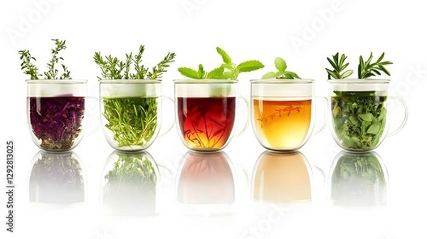 Fototapeta Cups of herbal tea with various herbs isolated on white background