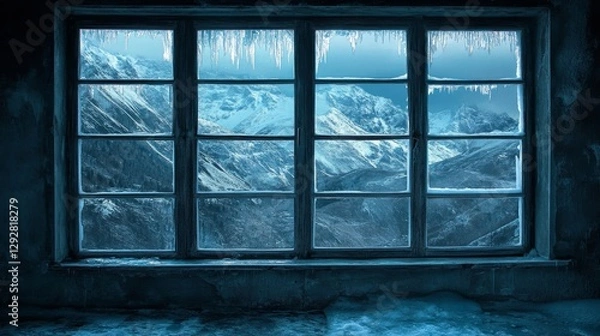 Fototapeta Winter window with ice patterns, making a beautiful blue background. 