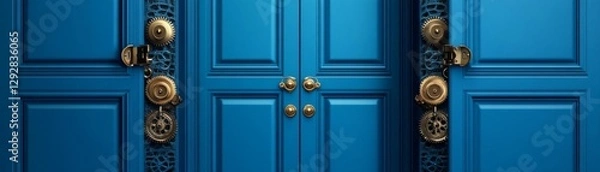 Fototapeta Industrial steampunk-style open blue door with intricate gears and brass details
