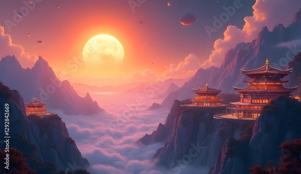 Obraz Moonlit Mountain Temples