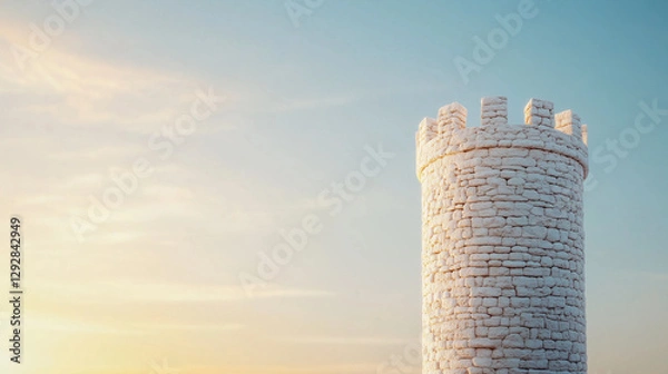 Fototapeta Ancient Citadel's Pinnacle: Majestic tower against the backdrop of a pastel sky, evokes a sense of history and strength. A weathered stone tower rises towards the heavens.