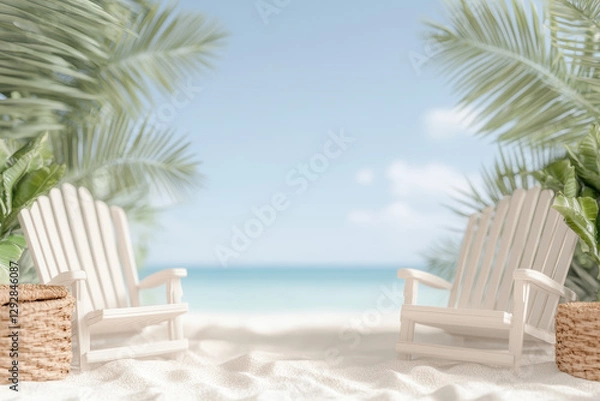 Fototapeta Tranquil beach scene with empty chairs on sandy shore amidst palm leaves under clear sky