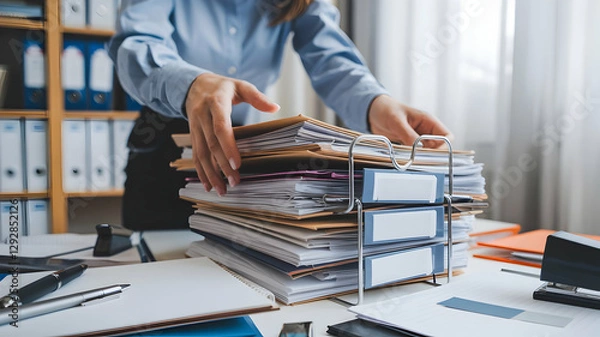 Fototapeta management of documents. Businesswoman searching and verifying corporate files using a stack of paper files, document accomplishments on office table folders, closeup 