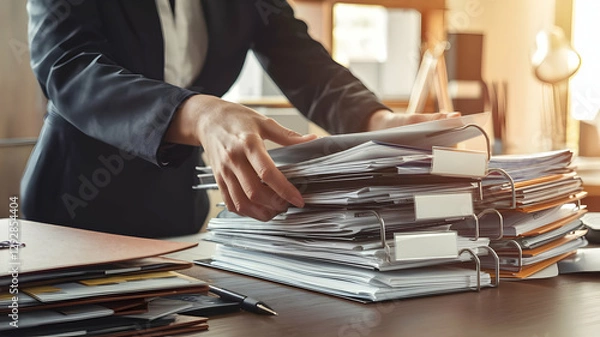 Fototapeta management of documents. Businesswoman searching and verifying corporate files using a stack of paper files, document accomplishments on office table folders, closeup 