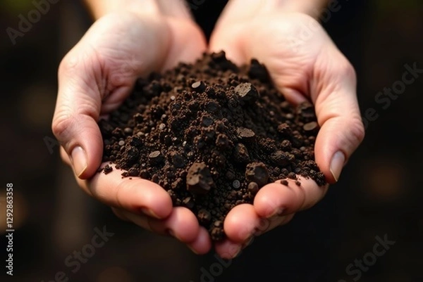 Fototapeta Dark brown soil clutched in a hand, rich texture shown , farming, environment