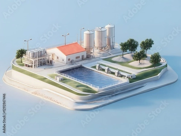 Fototapeta Water treatment plant design showcasing circular tank and processing units on a green landscape with blue sky 3D