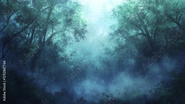 Obraz fog in the forest with tall trees