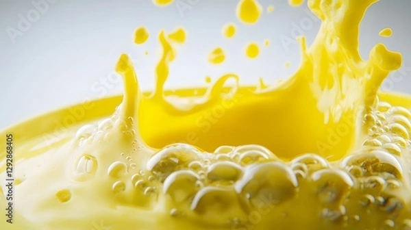Obraz Dynamic Yellow Liquid Splash with Bubbles and Droplets on a Smooth Surface