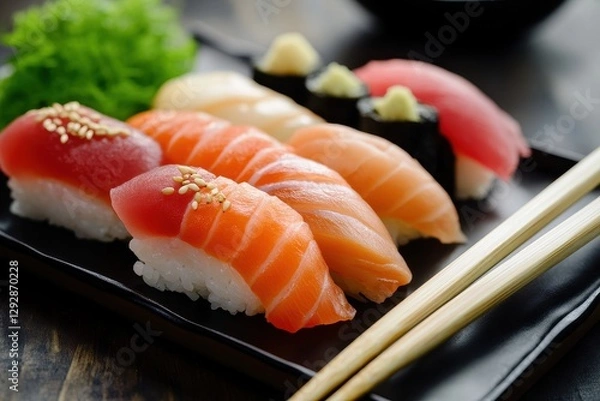 Obraz Detailed view of sushi sashimi served with chopsticks and soy sauce