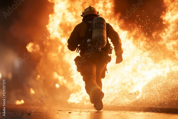 Fototapeta A firefighter bravely confronts an intense blaze while prioritizing safety and rescue.