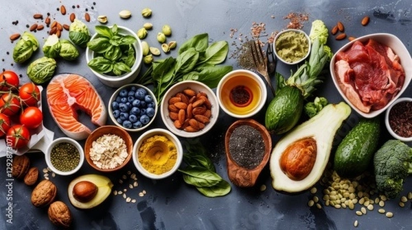 Fototapeta A selection of healthy foods and superfoods like salmon, avocado, nuts, and greens, arranged for a balanced, nutritious diet..