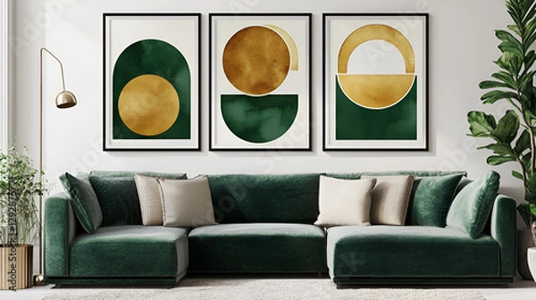 Fototapeta Luxurious Abstract Wall Art in Deep Emerald Green, Gold, and Ivory

