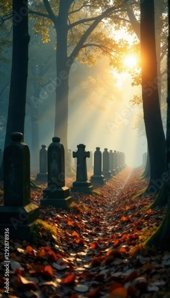 Fototapeta Sun breaks through mist, revealing rows of aged grave markers, leaf-strewn forest floor , weathered, memorial